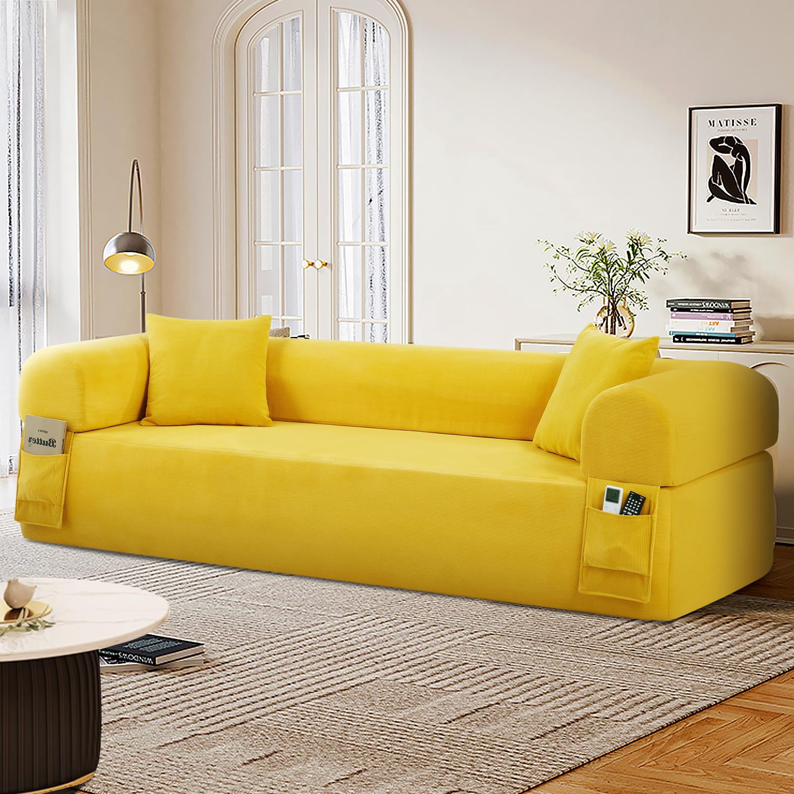 3-Seater Sofa, 83" No Assembly Deep Loveseat Couch in A Box, Spring & High-Elastic Sponge Filling Sofas with 2 Cushions & Side Storage Pockets for Living Room Apartment, Yellow