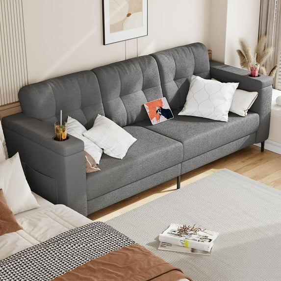 3 Seater Sofa, 83 Inch Sofa, Comfy Sofa Couch with Extra Deep Seats, Teddy Fleece Modern Sofa Couch with Storage Armrests, Cup Holders, Side Pockets for Living Room Apartment Lounge