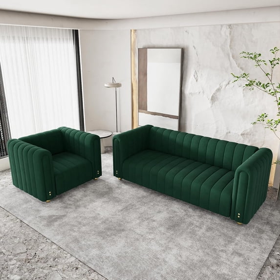 3 Seater Sofa and Armchair Set 2 Piece, Modern Velvet Couches for Living Room Furniture Sets with Gold Leg, Luxury Sets of 2 Sectional Sofas for Bedroom Office Apartment Green