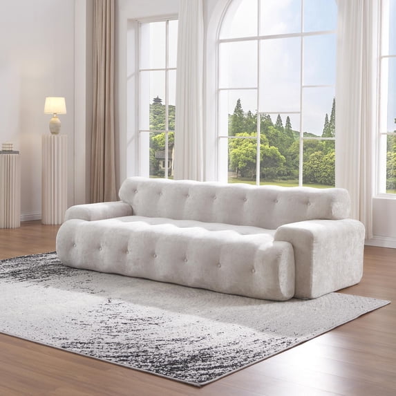 3-Seater Sofa, Cloud Couch, Button Tufted Upholstered Sofa with High-Density Foam, No Assembly Required Compression Sofa for Living Room or Apartment in Silver (Silver Lining)