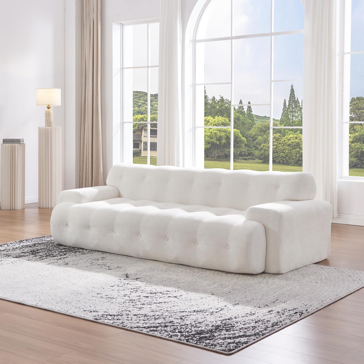 3-Seater Sofa, Cloud Couch, Button Tufted Upholstered Sofa with High-Density Foam, No Assembly Required Compression Sofa for Living Room or Apartment in White (Snow White)