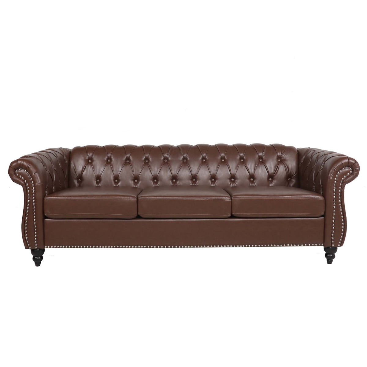 3 Seater Sofa Couch, 84" PU Rolled Arm Three Seater Sofa Button Tufted Couch with Channel Tufted Seat Back, Upholstered Leather Sofa Chesterfield PU Faux Settee for Living Room, Dark Brown