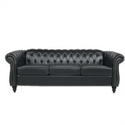 3 أريكة أريكة مقعد ، 84 PU ذراع مدلفن ثلاثة مقاعد أريكة زر Tufted Couch مع قناة المقعد الخلفي ، أريكة جلدية منجد Chesterfield PU Faux Settee لغرفة المعيشة ، أسود