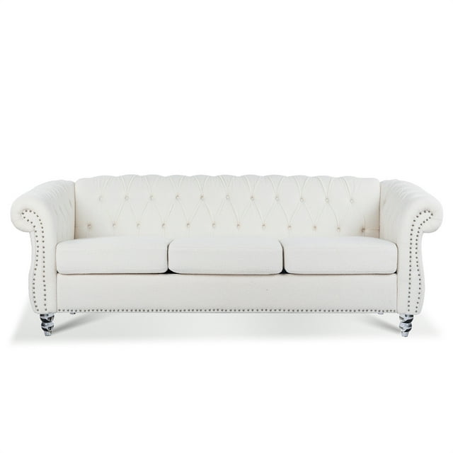 3 Seater Sofa Couch, 84" Rolled Arm Three Seater Sofa Button Tufted Couch with Channel Tufted Seat Back, Upholstered Sofa Chesterfield Polyester Faux Settee for Living Room, White