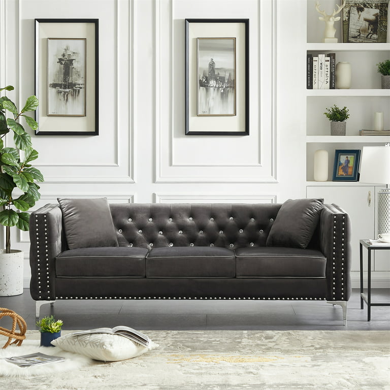 3 Seater Sofa Couch Diamond Tufted Velvet With 2 Pillows And Padded Cusions Mid Century Modern Upholstered Accent Arm Nailhead Trim For Living Room Office Apartment Grey Com