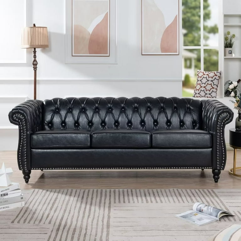 84.65 Modern 3 Seater Sofa Tufted PU Upholstered Roll Arm Couch for Living Room with Nailheads Sofa and Solid Wood Legs Black