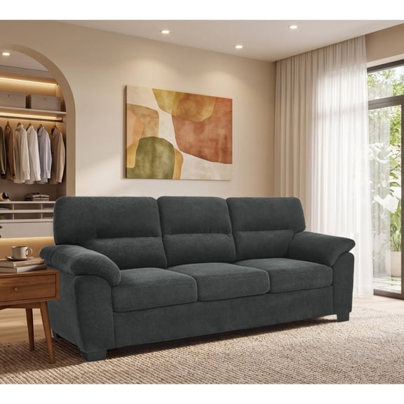 3-Seater Sofa, Dark Gray Upholstered Couch, Modern Living Room Furniture, Textured Fabric Sofa, Minimalist Settee, Comfortable Armchair, Sturdy Frame Sofa