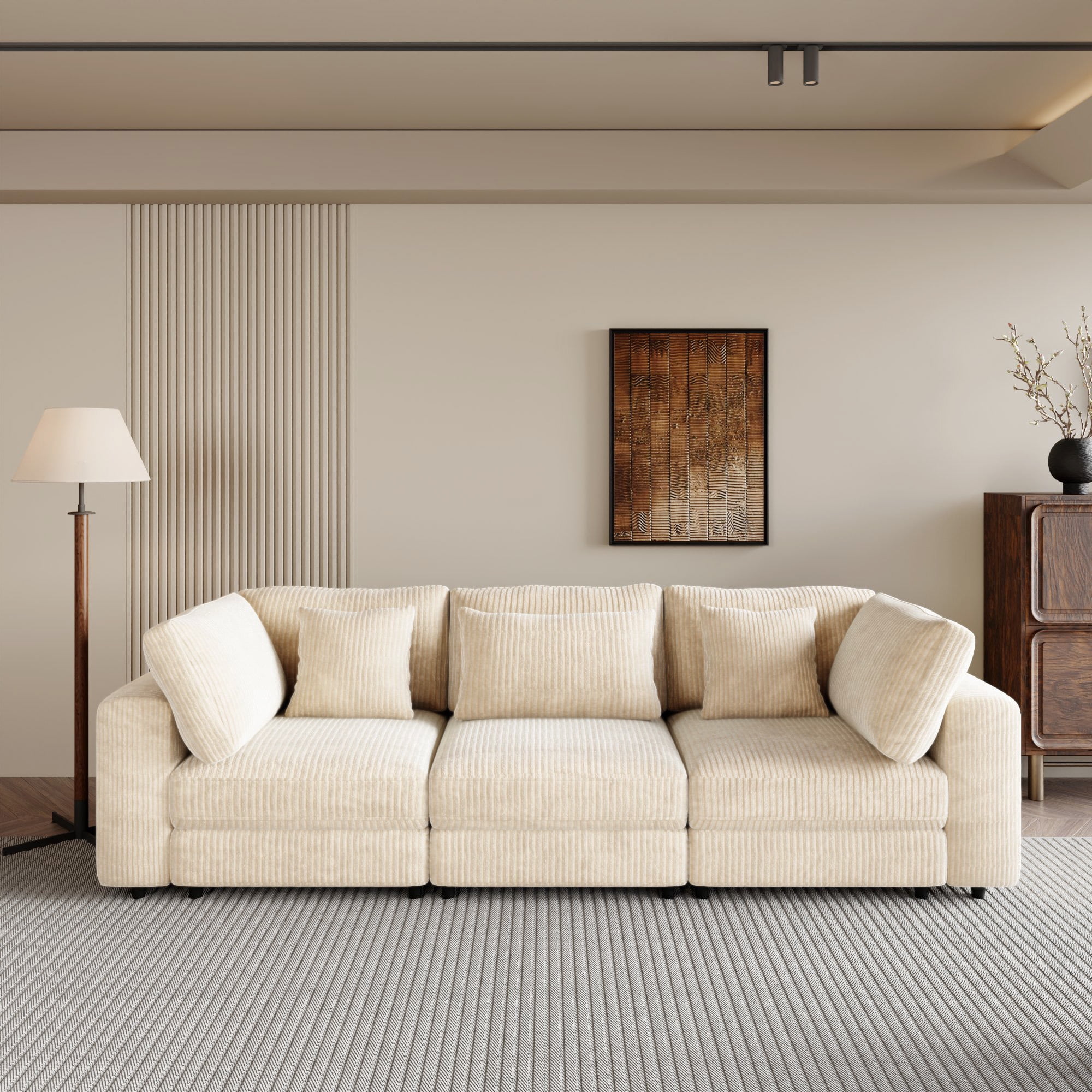 3 Seater Sofa, Modern Sofa Couch with Removable Back Cushions and 5 Pillows for Living Room, Apartment, Beige