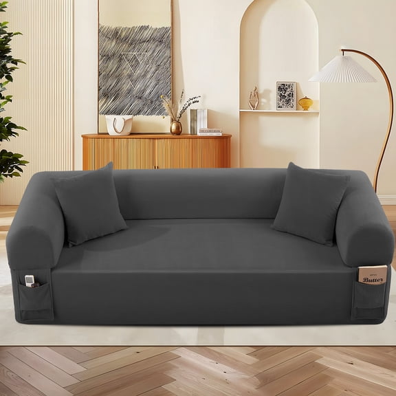 3-Seater Sofa, Modern Style Sofa, Sponge & Spring Filled Couch with 2 Decorative Pillows, Minimalist Design for Living Room, Gray