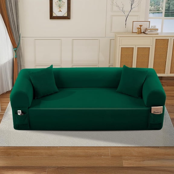 3-Seater Sofa with Pillows & Storage Low-Profile Hybrid Design, Pocketed Springs & High-Density Foam, Green Fabric Couch for Living Room, Apartment, Emerald