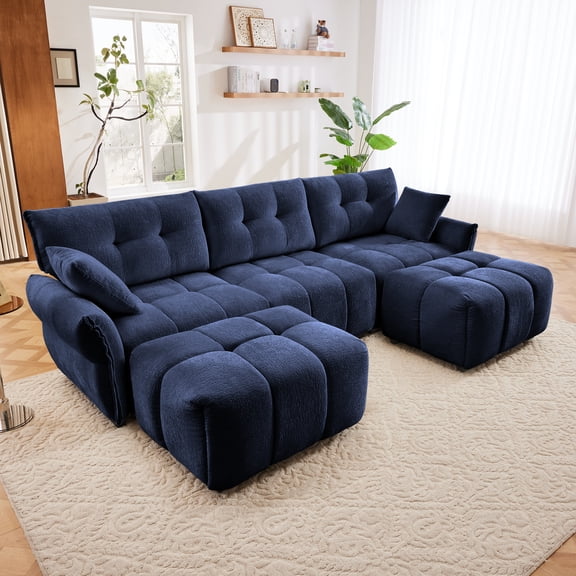 3 Seater Sofa Set With Ottoman And Throw Pillows, Sturdy Solid Wood Frame Couch In Elegant Textured Chenille Fabric, Perfect For Living Rooms, Lounges, Offices Or Hotels In Blue