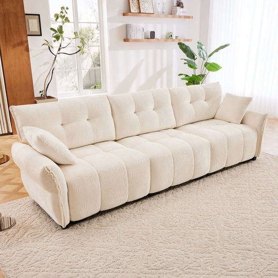 3-Seater Sofa Set with 2 Ottomans and Pillows, Solid Wood Frame, Textured Chenille Cover, High-Rebound Cushions, White