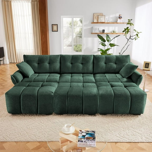 3-Seater Sofa Set with 3 Ottomans & Pillows, Solid Wood Frame in Elegant Textured Chenille. Ideal for Living Rooms, Lounges, Offices (Green)