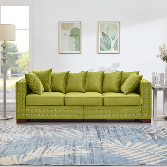 3 Seater Sofa with Storage Space, Modern Couch with Silver Nails Decoration, Comfy Sofa with Velvet Upholstered for Living Room, Apartment, Office, Green