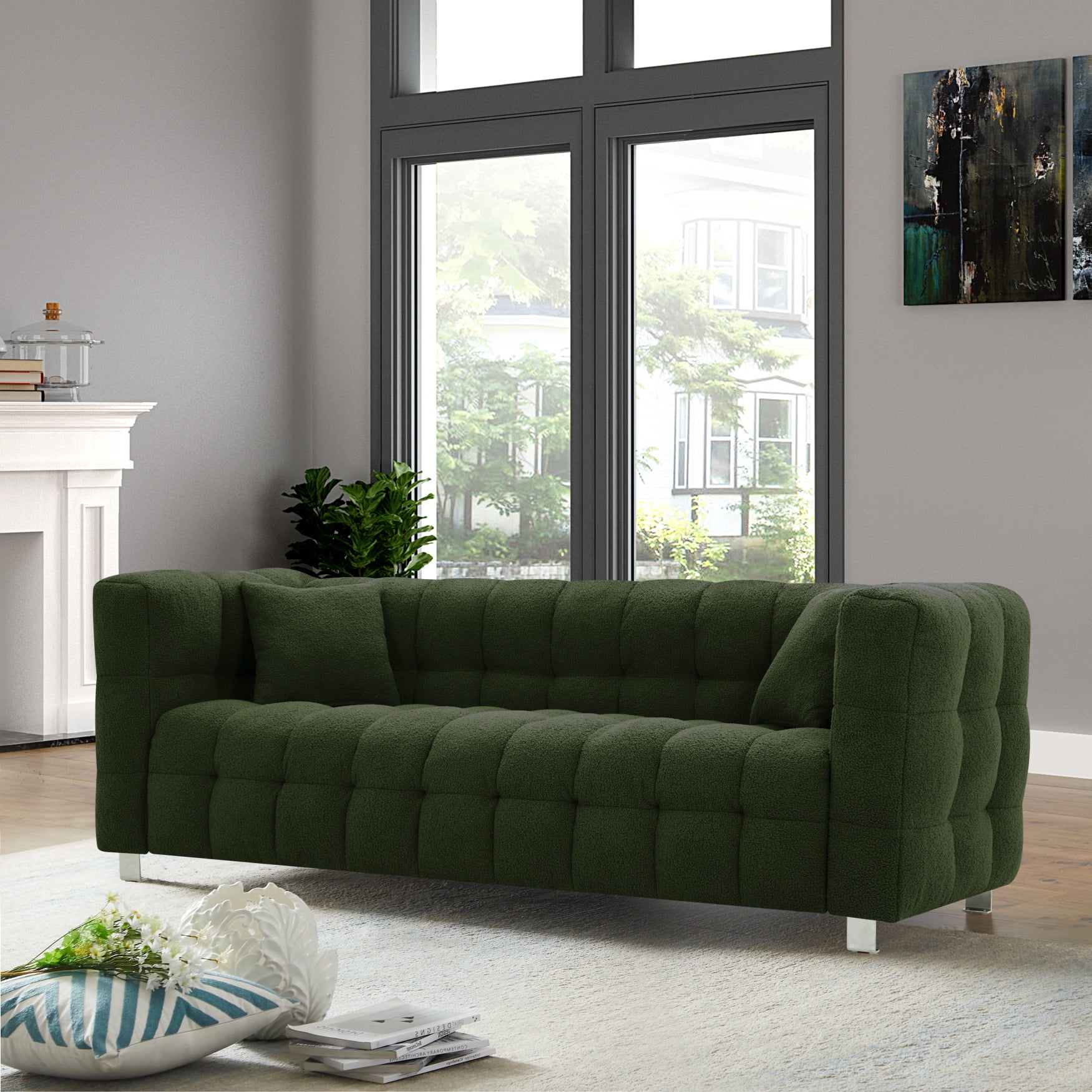 3-Seater Sofa, Teddy Fabric Couch with Solid Wood Wood Frame, Two Throw