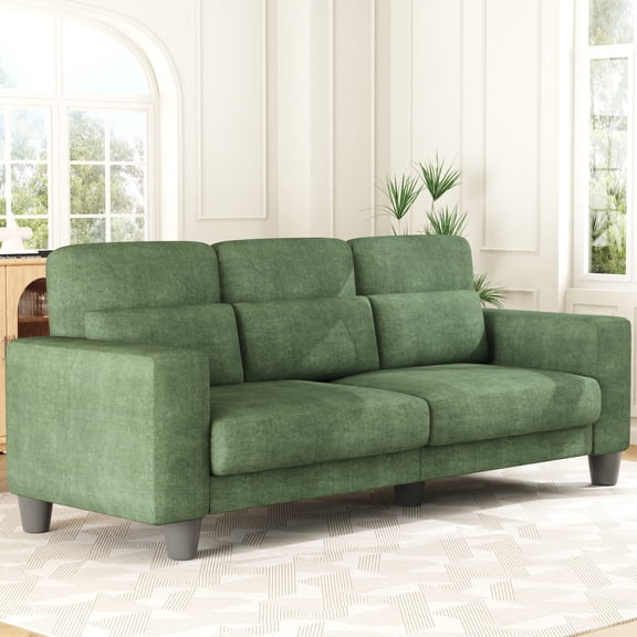 3 Seater Sofa, Upholstered Couch with 3 Pillows and Removable Linen Cover, Deep Seat Sofa with Wide Armrests for Living Room, Bedroom, or Office, Green