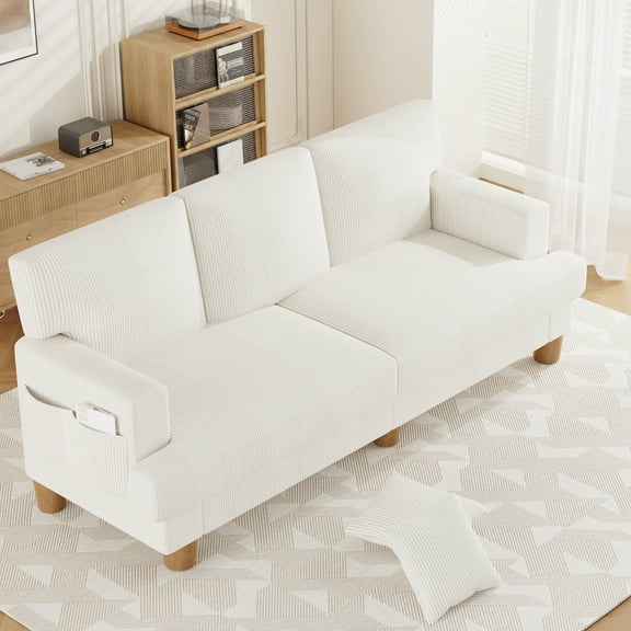 AAQZ 87" Corduroy Sofa Couch for Living Room, 3 Seater Deep Seat Comfy Couch in a Box, 2 Cushions, 2 Pillows Tool-Free Setup,White