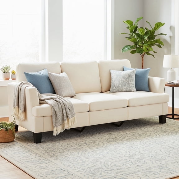 3 Seater Sofa, 84" Linen Upholstered Sofa with Extra Deep Seats, Classic Modern Couch for Living Room, Beige