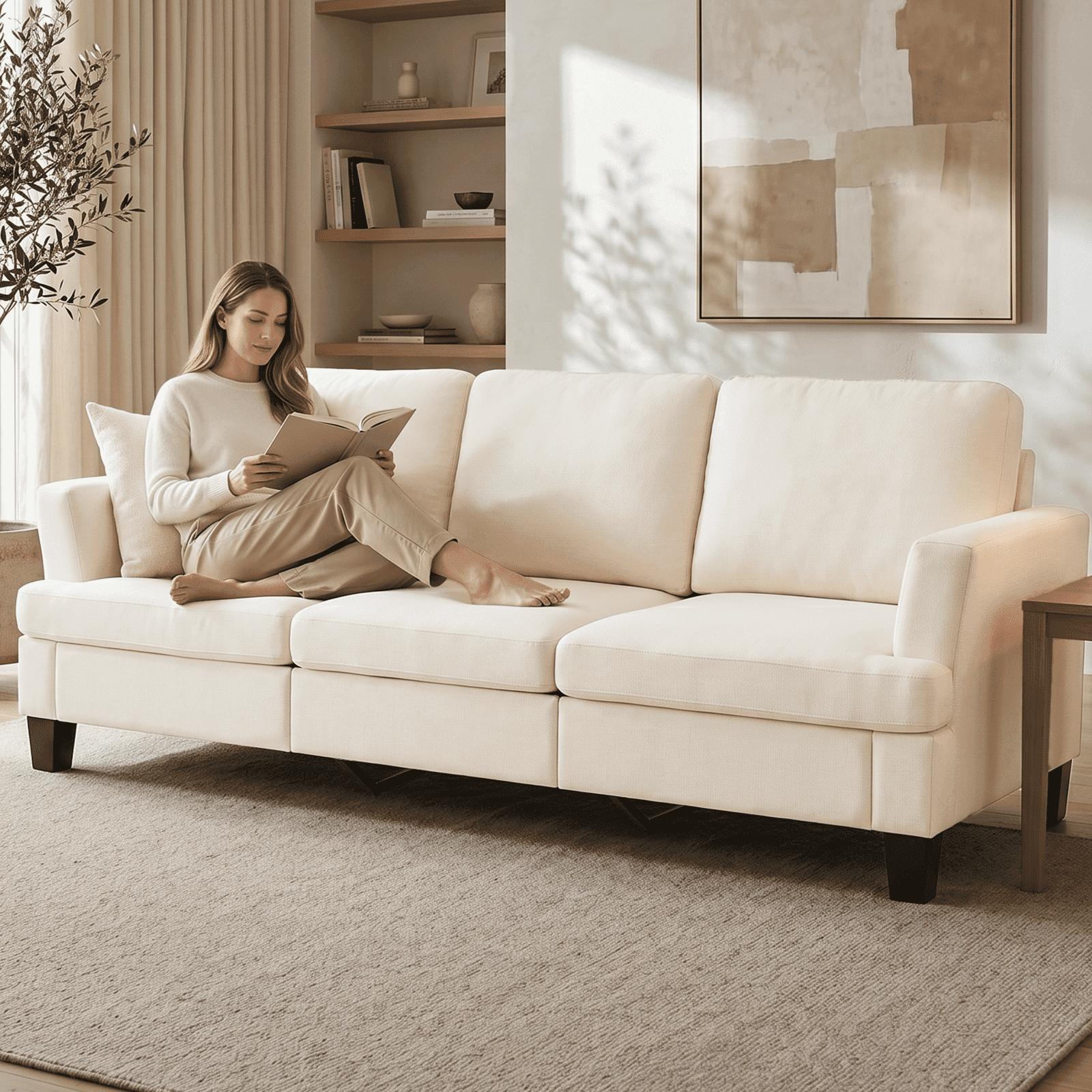 3 Seater Sofa, 84" Linen Upholstered Sofa with Extra Deep Seats, Classic Modern Couch for Living Room, Beige