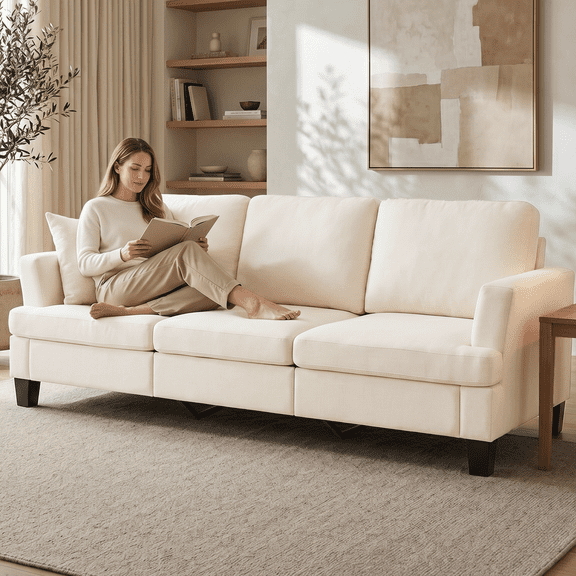 3 Seater Sofa, 84" Linen Upholstered Sofa with Extra Deep Seats, Classic Modern Couch for Living Room, Beige