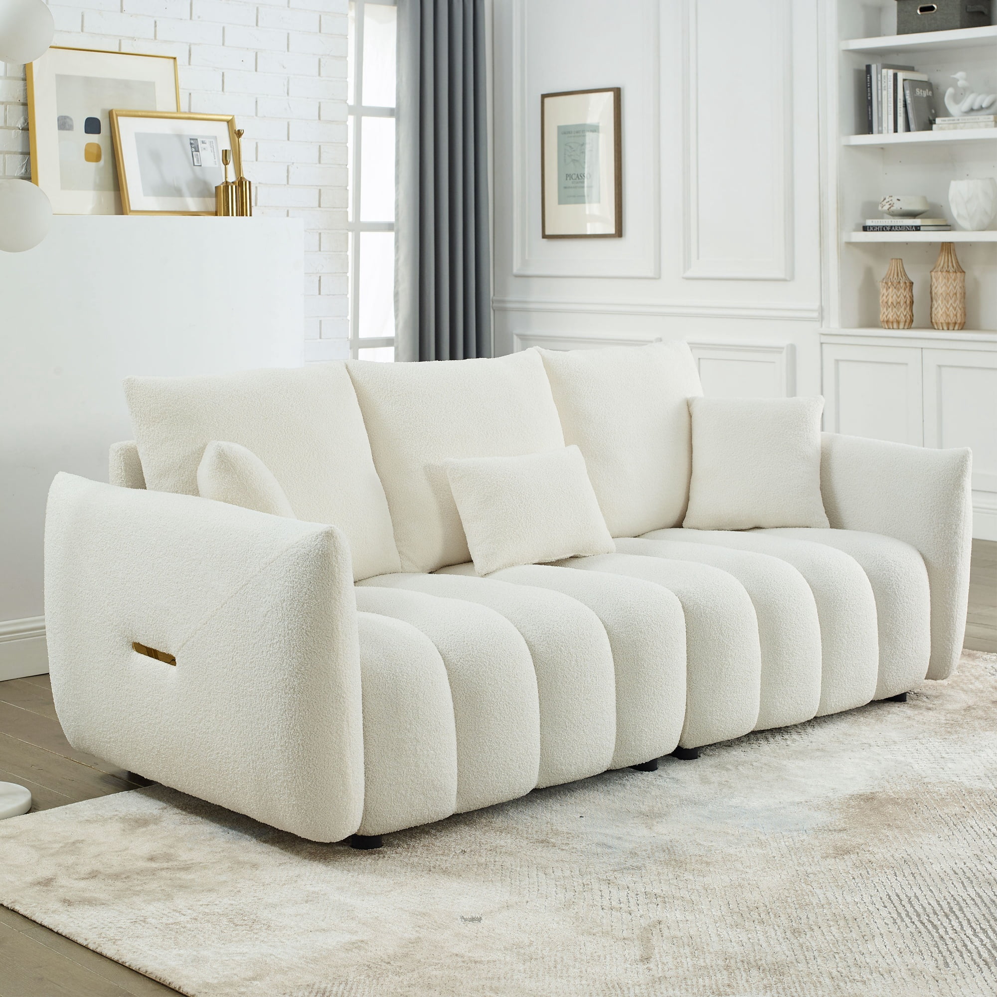 3-Seater Sofa with 3 Back Pillows and Solid Wood Frame, 79.5-Inch Teddy Fleece Oversized Upholstered Couch for Living Room, Beige