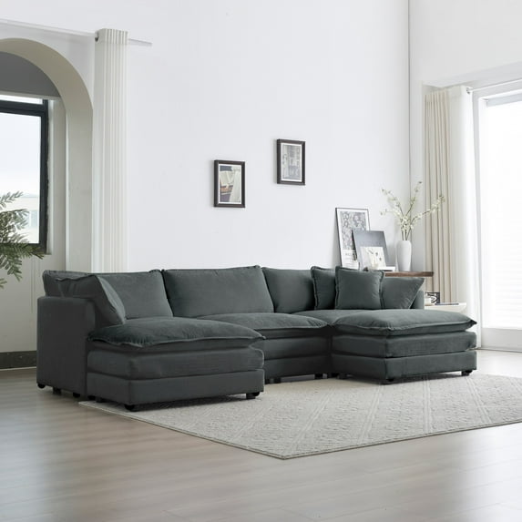 3-Seater U-Shaped Sectional Sofa w/Reversible Footrest, Convertible Corner Couch with 2 Ottomans, Minimalist Soft Sofa & Couch for Living Room (Gray)