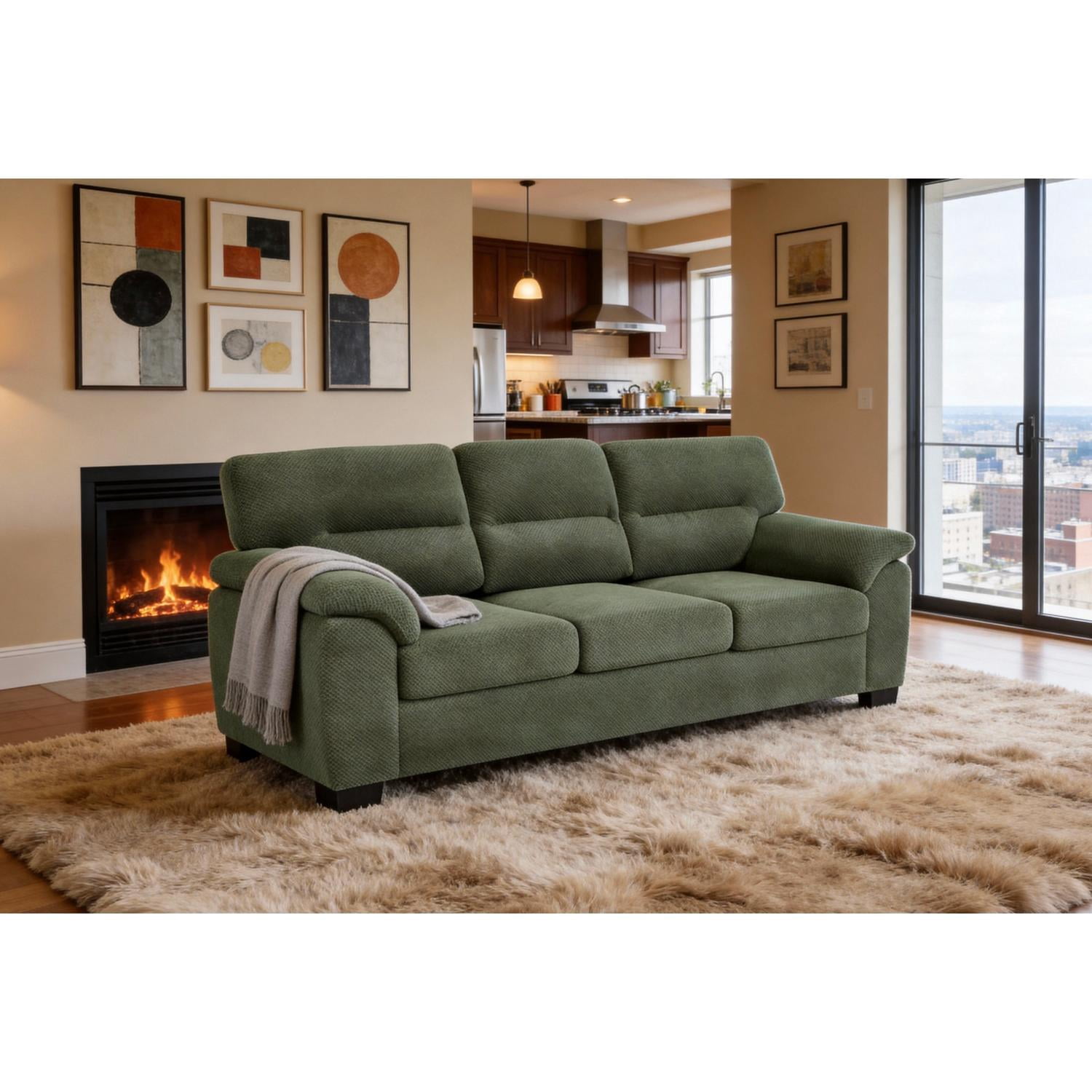 3-Seater Upholstered Sofa with Wide Track Arms, Textured Fabric Couch with Tufted Back Cushions, Modern Living Room Furniture for Home, Apartment, Dark Green