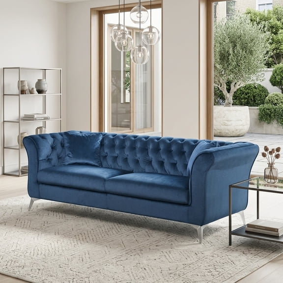 3-Seater Velvet Chesterfield Sofa with Scroll Arms in Teal Blue