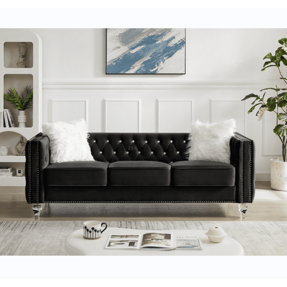 3 Seater Velvet Crystal Buckle Uphostered Sofa with 2 Plush Pillows, Modern Living Room Couch with Removable Cushion and Crystal Feet, Black