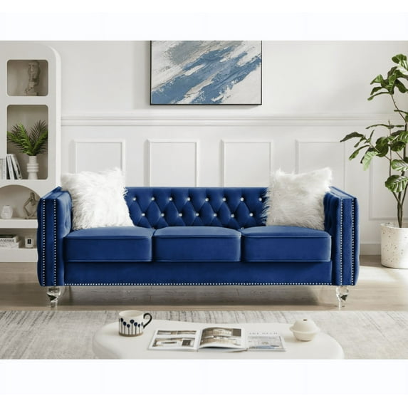 3 Seater Velvet Crystal Buckle Uphostered Sofa with 2 Plush Pillows, Modern Living Room Couch with Removable Cushion and Crystal Feet, Navy Blue