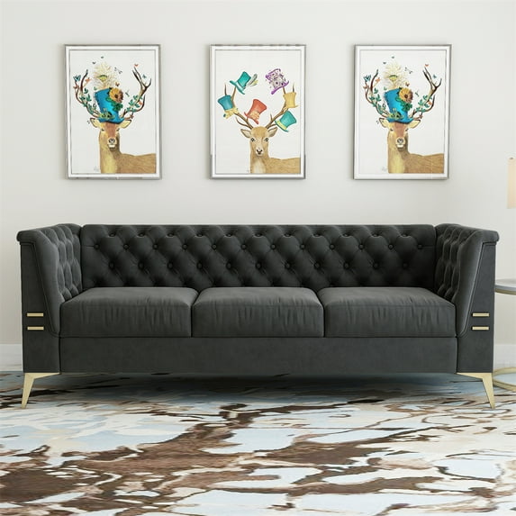 3 Seater Velvet Futon Sofa Bed with Golden Legs Modern Style Accent Loveseat Sofa Tufted Button Back Sleeper Sofa Comfy Couch For Living Room Bedroom Guest Room Furniture, Dark Gray
