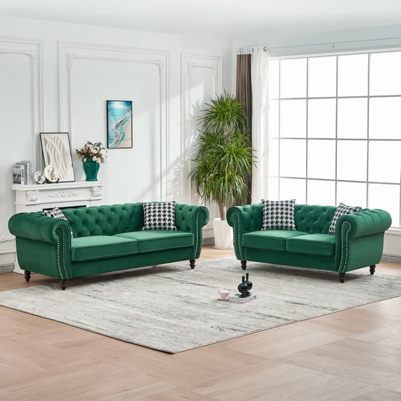3 Seater Velvet Sofa with 2 Seater Set, Mid Century Modern Couch with Roll Armrests and Nailhead Detail, Sturdy Upholstered Living Room Sofa for Home, Office or Apartment, Green