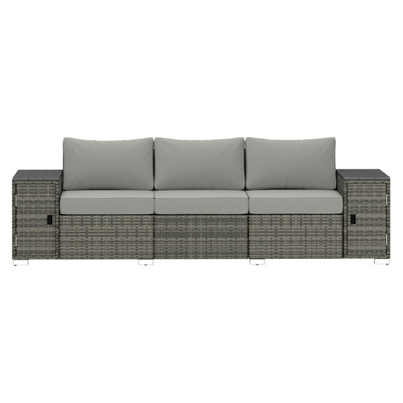 3 Seater Wicker Outdoor Couch, Patio Sofa with Storage, Gray - Thick Cushions, Wide Armrests for Porch, Yard, Balcony