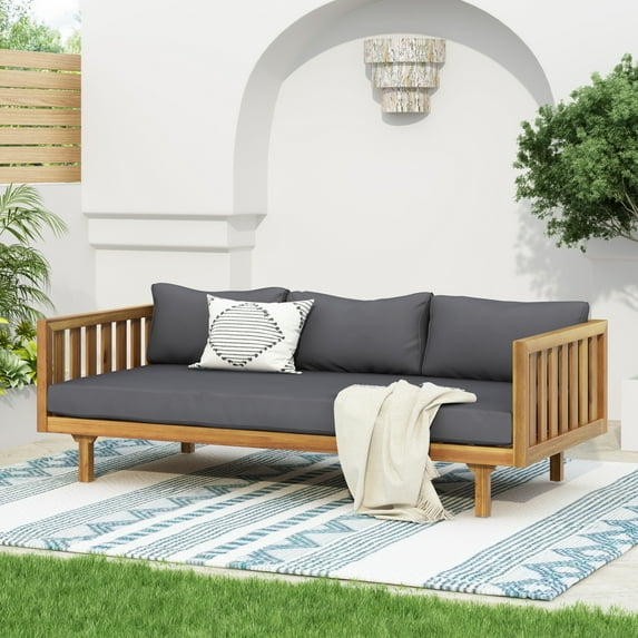 3 Seater Wooden Daybed with Dark Grey Cushion, Patio Bench with Slat Panel, Wood Armchair for Outdoor/Patio/Balcony/Backyard/Deck/ Poolside, Teak