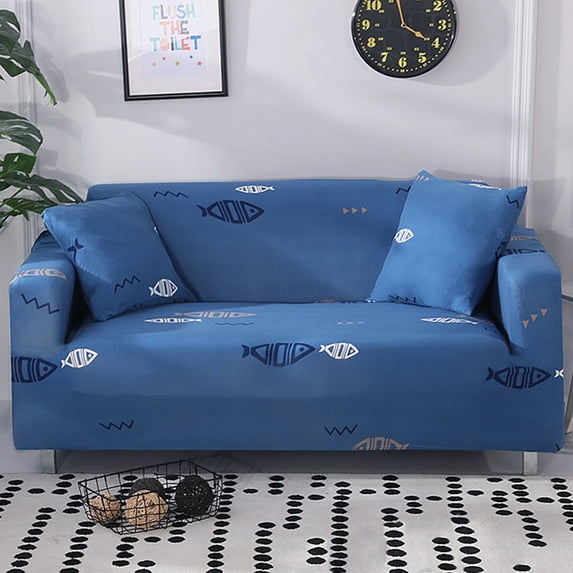 3 Seaters Sofa Cover Stretch Spandex Chair Slipcover Printed Couch Cover All-inclusive Protector Washable, Blue Fish