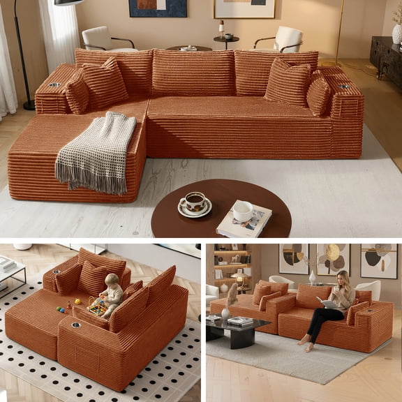3 Seats Boneless Modular Cloud Sectional Sofa with Chaise, Extra-Wide Deep Seats Plush Corduroy Sleeper Soft Couch for Modern Living Rooms, Small Spaces & Apartments (Orange, 108"-L Shape Left)