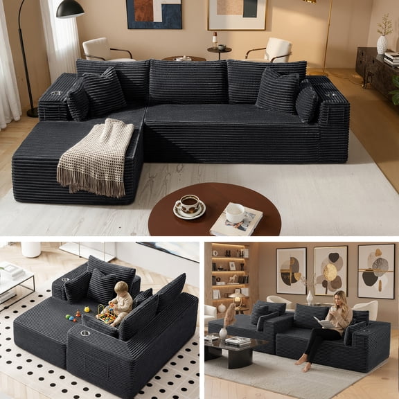 3 Seats Boneless Modular Cloud Sectional Sofa with Chaise, Extra-Wide Deep Seats Plush Corduroy Sleeper Soft Couch for Modern Living Rooms, Small Spaces & Apartments (Dark Grey, 108"-L Shape Left)
