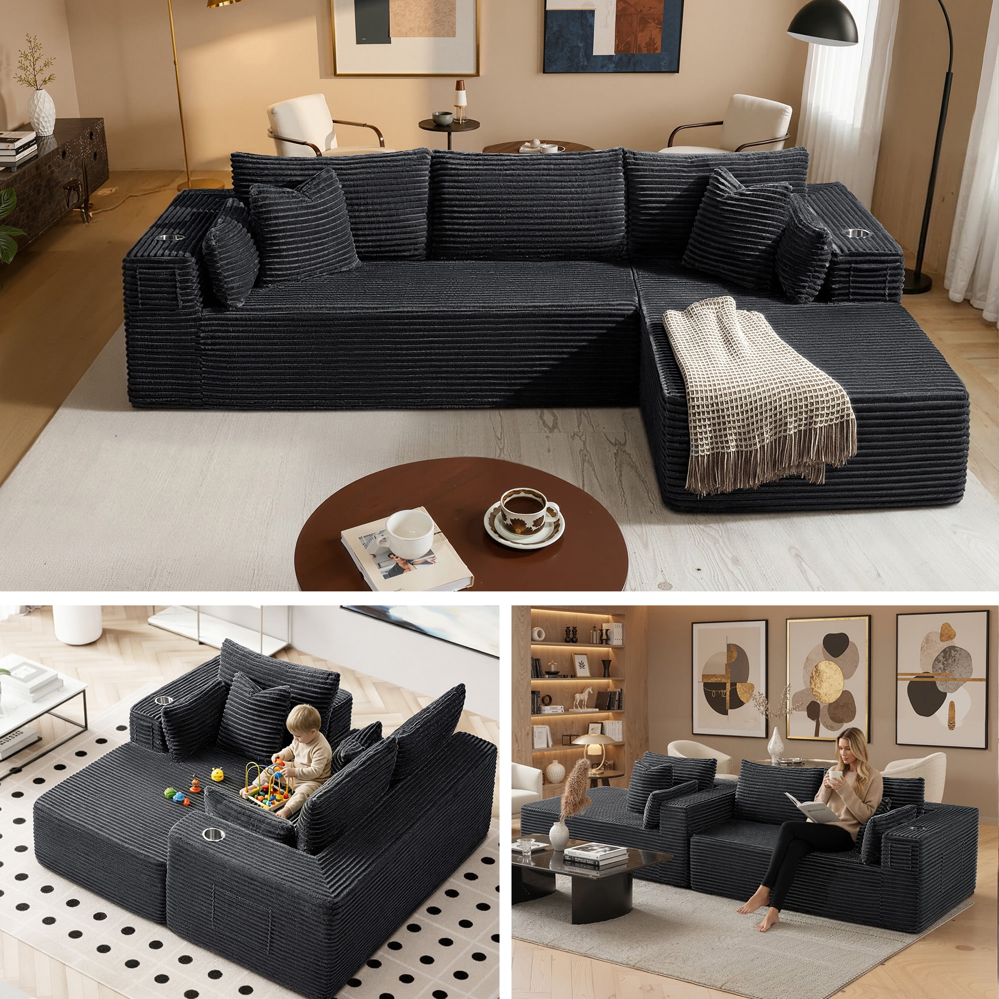 3 Seats Boneless Modular Cloud Sectional Sofa with Chaise, Extra-Wide Deep Seats Plush Corduroy Sleeper Soft Couch for Modern Living Rooms, Small Spaces & Apartments (Dark Grey, 108"-L Shape Right)