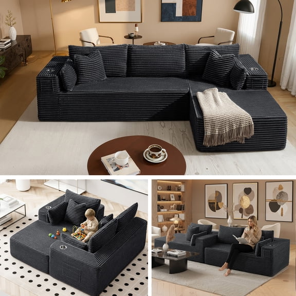 3 Seats Boneless Modular Cloud Sectional Sofa with Chaise, Extra-Wide Deep Seats Plush Corduroy Sleeper Soft Couch for Modern Living Rooms, Small Spaces & Apartments (Dark Grey, 108"-L Shape Right)
