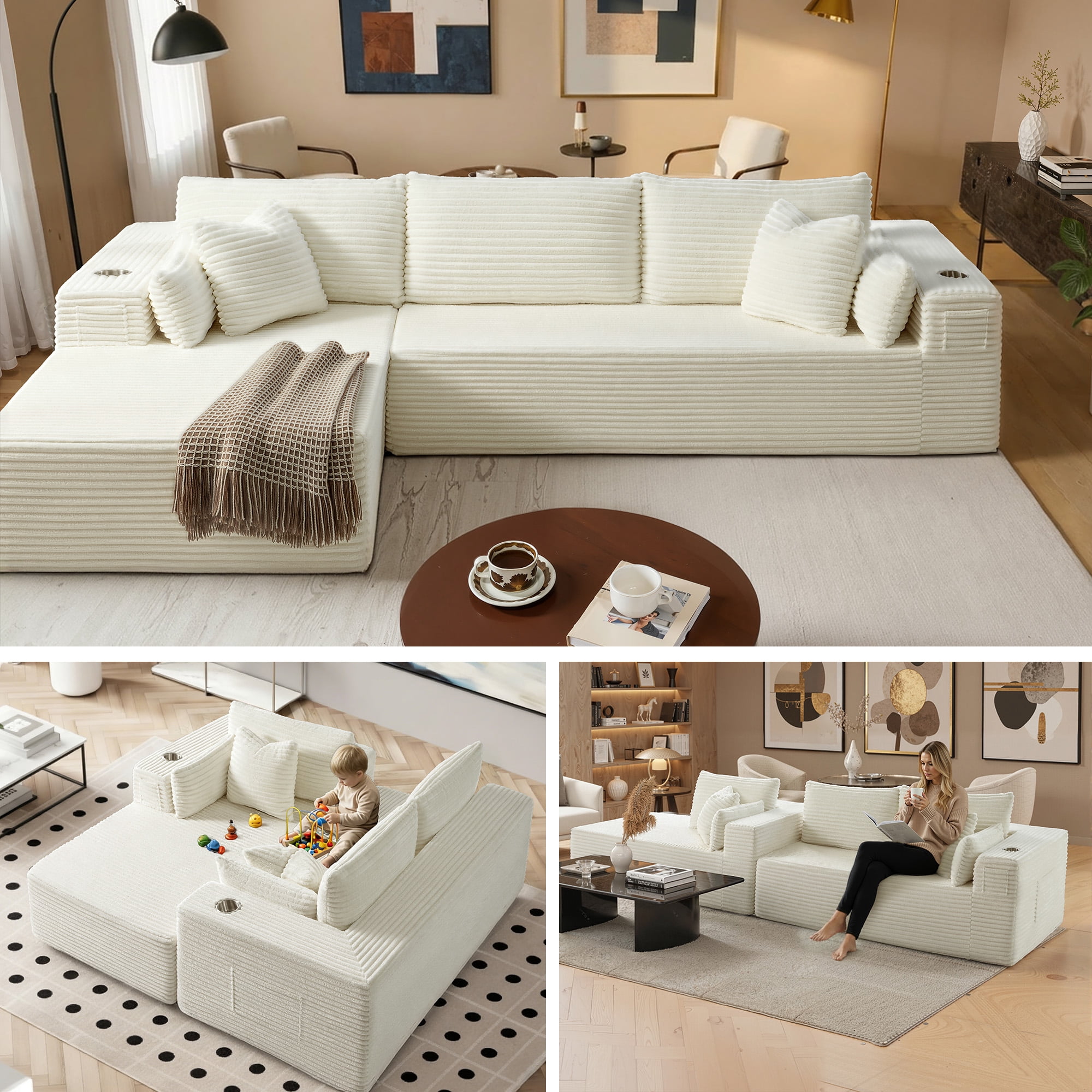 3 Seats Boneless Modular Cloud Sectional Sofa with Chaise, Extra-Wide Deep Seats Plush Corduroy Sleeper Soft Couch for Modern Living Rooms, Small Spaces & Apartments (Beige, 108"-L Shape Left)
