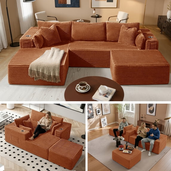 3 Seats Boneless Modular Cloud Sectional Sofa with Chaise & Ottoman, Extra-Wide Deep Seats Plush Corduroy Sleeper Soft Couch for Modern Living Rooms, Small Spaces Apartments Orange 108"-U Shape Left