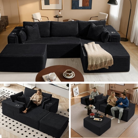 3 Seats Boneless Modular Cloud Sectional Sofa with Chaise & Ottoman, Extra-Wide Deep Seats Plush Corduroy Sleeper Soft Couch for Modern Living Rooms, Small Spaces Apartments Black 108"-U Shape Right
