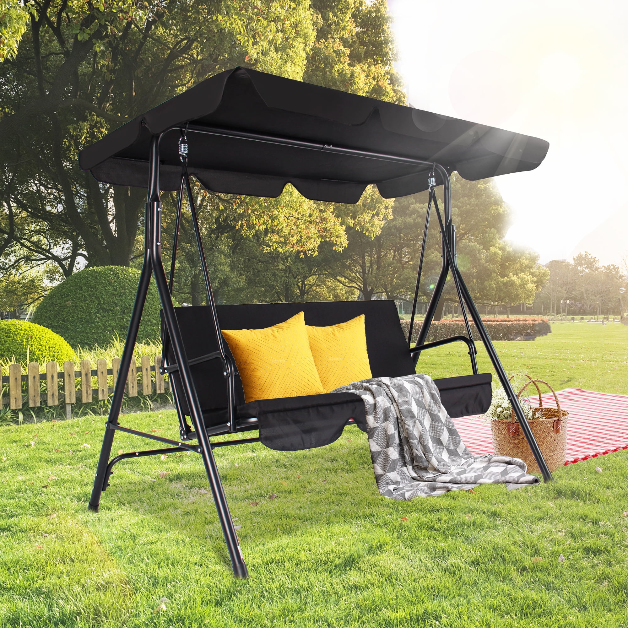 3-Seats Outdoor Porch Swing, Patio Swing Chairs with Adjustable Canopy & Durable Steel Frame, Outdoor Swings for Adults, Removable Cushion for Garden, Yard, Balcony(Black)