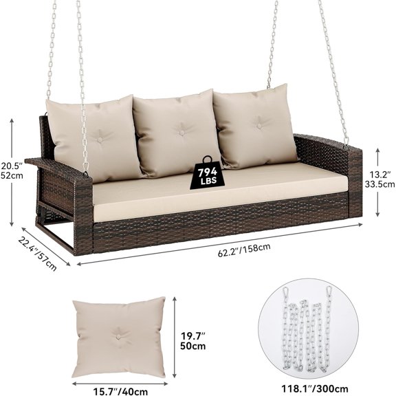 3-Seats Wicker Hanging Porch Swing Chair Outdoor Gray Rattan  Swing Lounge with 3 Back Cushions for Garden Balcony Deck
