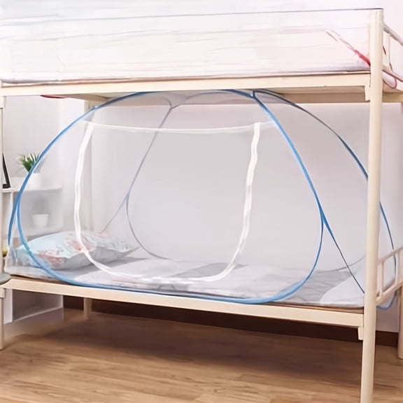 3 Second Quick Pop-Up Mosquito Net Mongolian Tent, Easy Install Polyester Blend Full Coverage Blue Curtain for Dorm & Bunk Beds