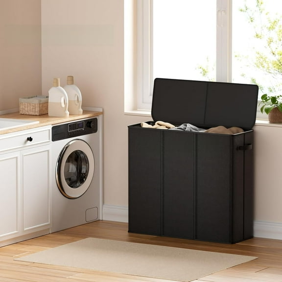 3-Section 185L Laundry Hamper with Lid, Large Laundry Sorter with Removable Bags, Pre-Sort & Organize Clothes for Home, Bedroom & Laundry Room, Black