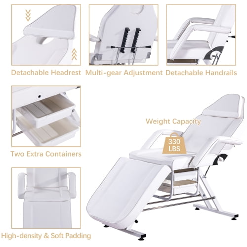 3-Section Adjustable Massage Table with Hydraulic Stool & 2 Trays, Multi-Purpose Facial Bed for Salon Tattoo Esthetician Barber Spa, Professional Beauty Equipment, White