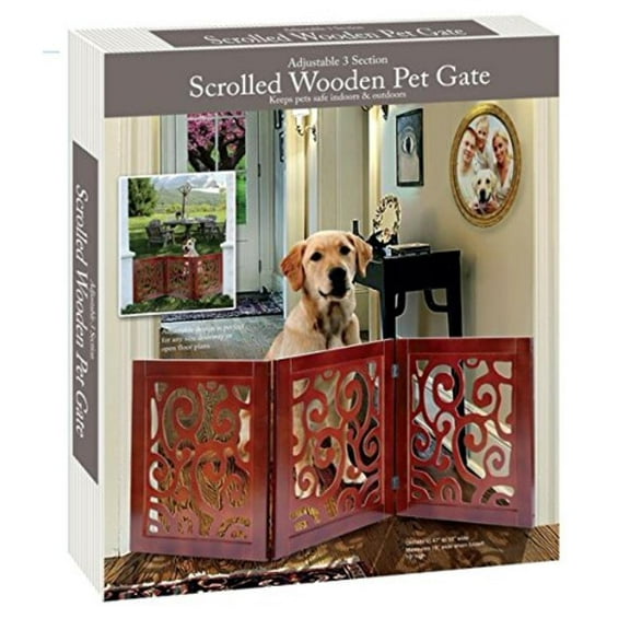 "3-Section Adjustable and Scrolled Wooden Pet Gate by, Three, sturdy gate panels By Etna"