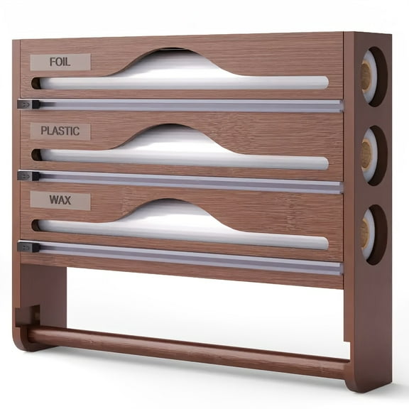 3-Section Bamboo Wrap Dispenser with Cutter - All-in-One Kitchen Organizer, Paper Towel Holder & Storage Rack for Foil, Plastic Wrap, Wax Paper