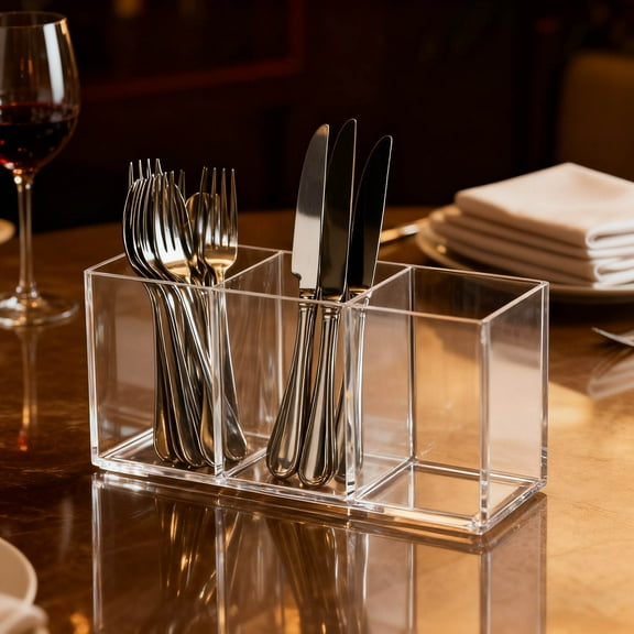 3-Section Clear Acrylic Cutlery Organizer, Utensil Storage Caddy for Kitchen Countertop, Compact Holder for Forks, Spoons and Knives